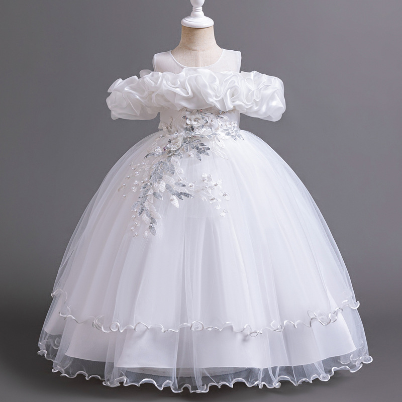 New high-end girls' dresses in summer, solid color round neck, one-shoulder mesh fluffy skirt and long princess skirt, are suitable for birthday school, family gathering and banquet dresses.