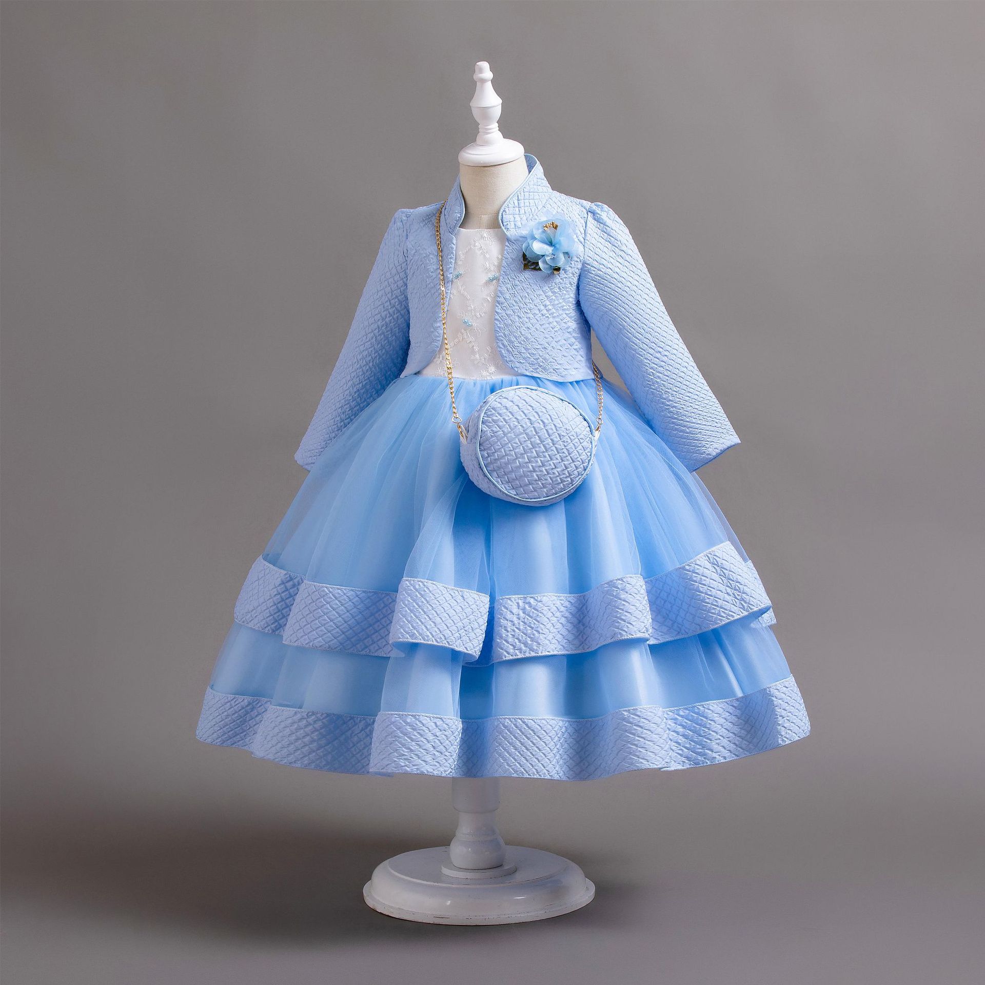 New girls' dress suit long-sleeved collar coat round neck sleeveless beaded gauze dress small backpack suit is suitable for birthday school party, family party, dinner party dress, performance costume