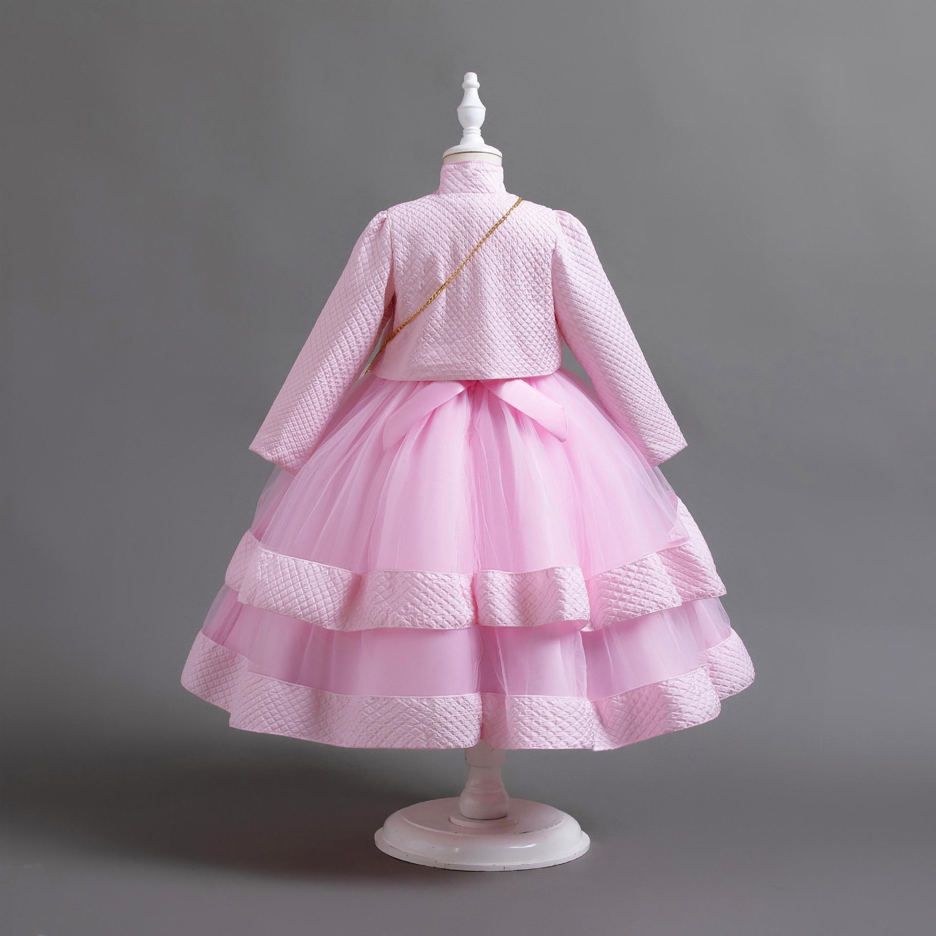 New girls' dress suit long-sleeved collar coat round neck sleeveless beaded gauze dress small backpack suit is suitable for birthday school party, family party, dinner party dress, performance costume