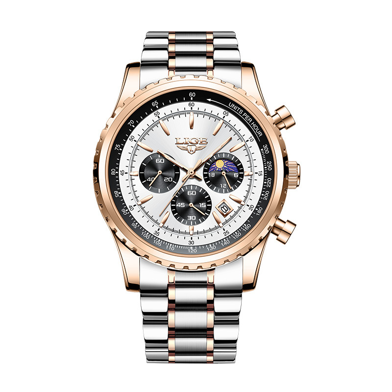 LIGE new men's quartz watch fashion multifunctional calendar three-pin moon waterproof luminous steel band men's watch is suitable for leisure sports business wear.