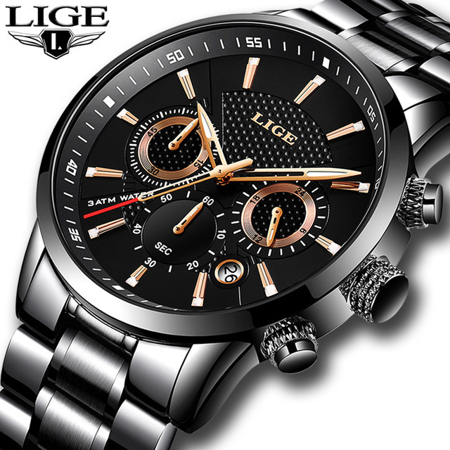 LIGE new men's quartz watch fashion waterproof steel belt multifunctional waterproof luminous men's watch is suitable for leisure sports business wear.
