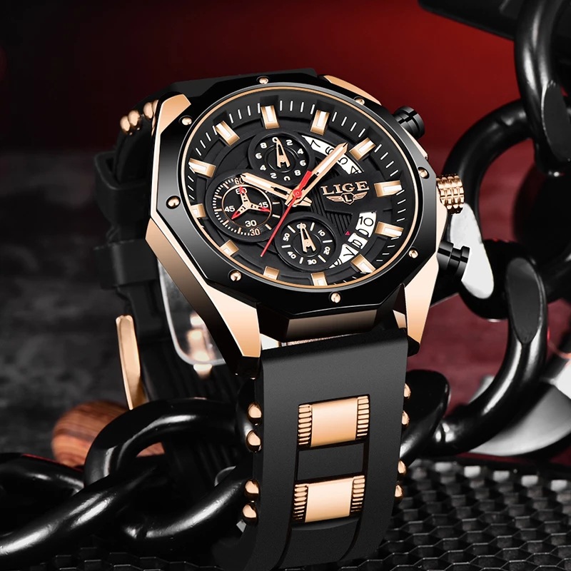 LIGE new men's quartz watch fashion multifunctional calendar waterproof luminous three-pin silicone belt men's watch suitable for leisure sports business wear.