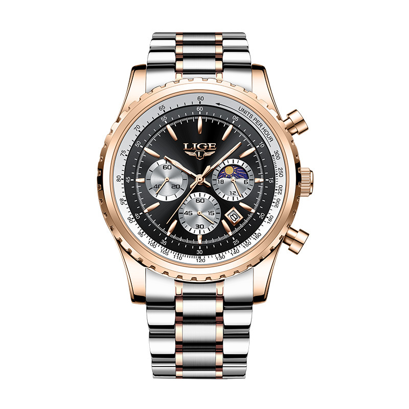 LIGE new men's quartz watch fashion multifunctional calendar three-pin moon waterproof luminous steel band men's watch is suitable for leisure sports business wear.