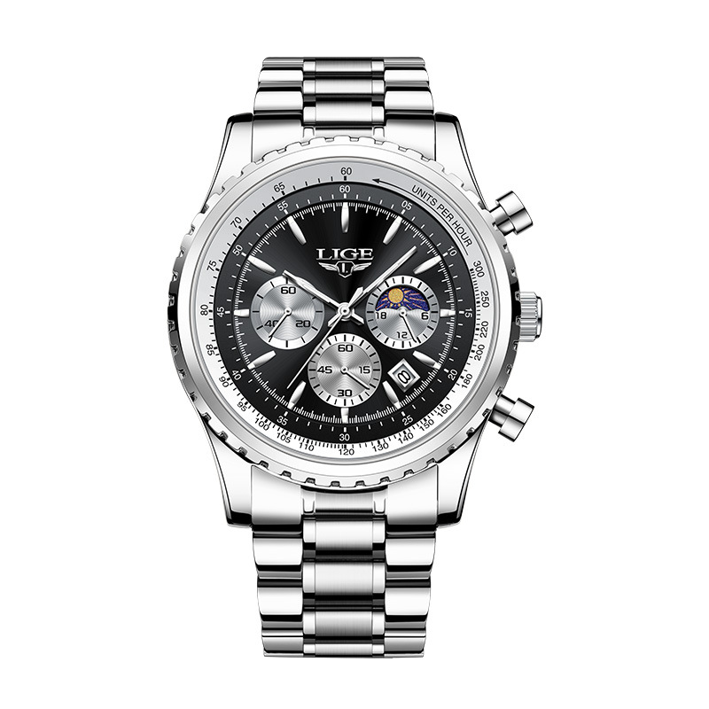 LIGE new men's quartz watch fashion multifunctional calendar three-pin moon waterproof luminous steel band men's watch is suitable for leisure sports business wear.
