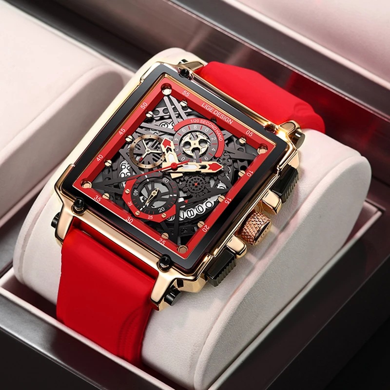 LIGE new men's quartz watch fashion square multifunctional calendar timing small pin waterproof silicone belt men's watches suitable for leisure sports business wear.