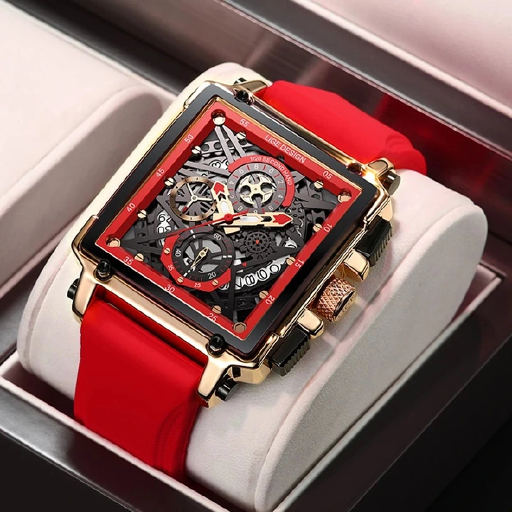 LIGE new men's quartz watch fashion square multifunctional calendar timing small pin waterproof silicone belt men's watches suitable for leisure sports business wear.