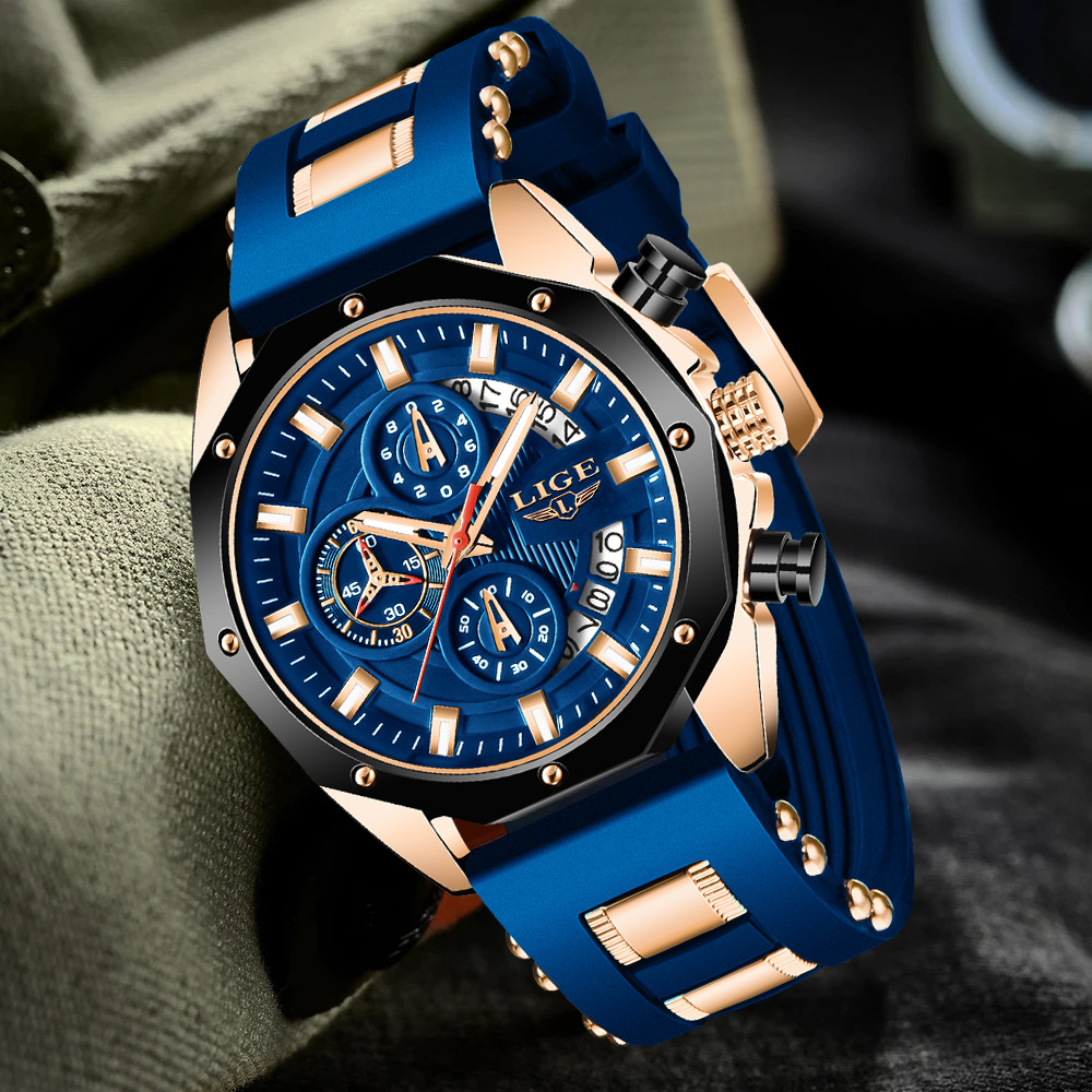 LIGE new men's quartz watch fashion multifunctional calendar waterproof luminous three-pin silicone belt men's watch suitable for leisure sports business wear.
