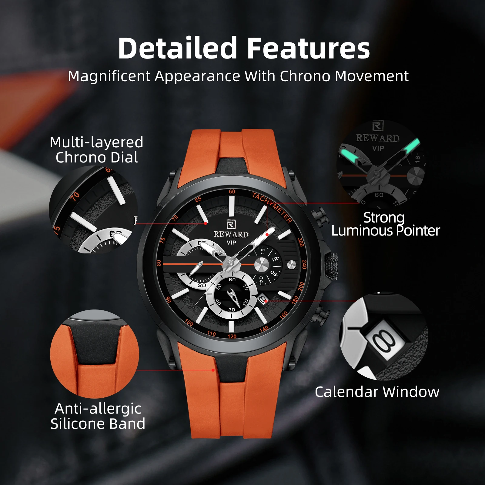 Reward new men's quartz watch multifunctional sports watch waterproof luminous chronograph silicone with men's watches