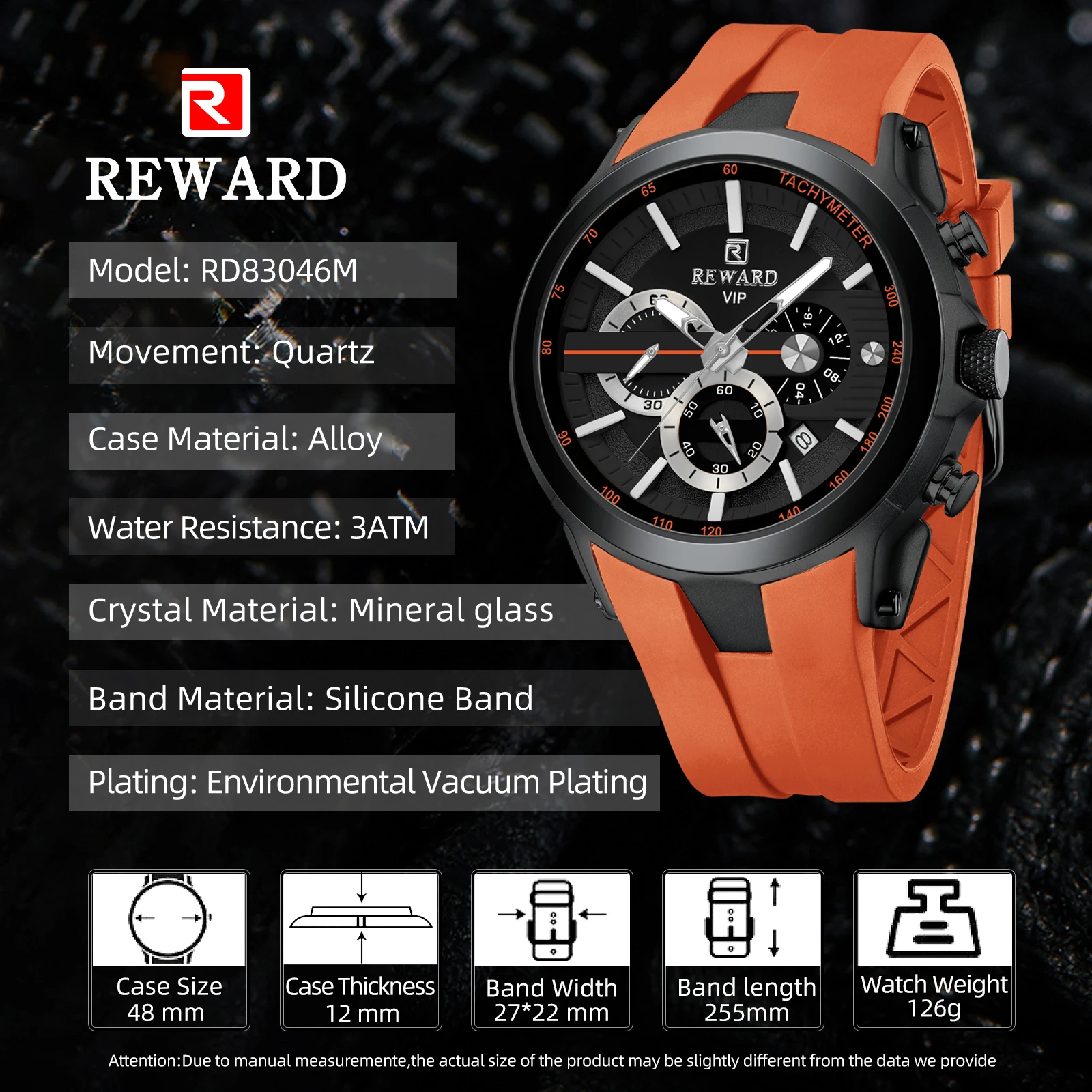 Reward new men's quartz watch multifunctional sports watch waterproof luminous chronograph silicone with men's watches