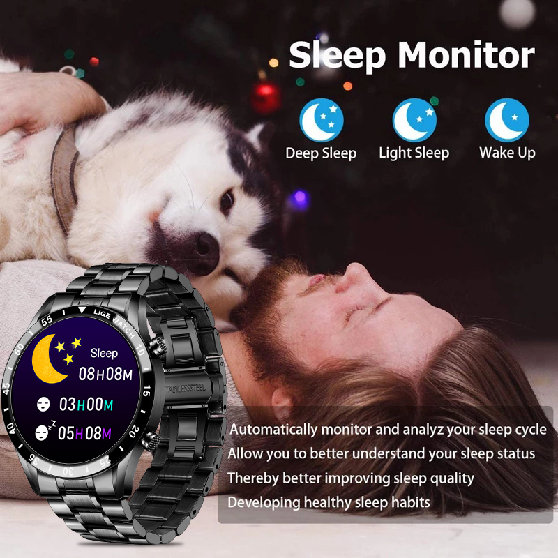 LIGE new men's smart watch multifunctional Bluetooth step-by-step blood pressure heart rate detection waterproof watch men's watch is suitable for leisure sports business wear.