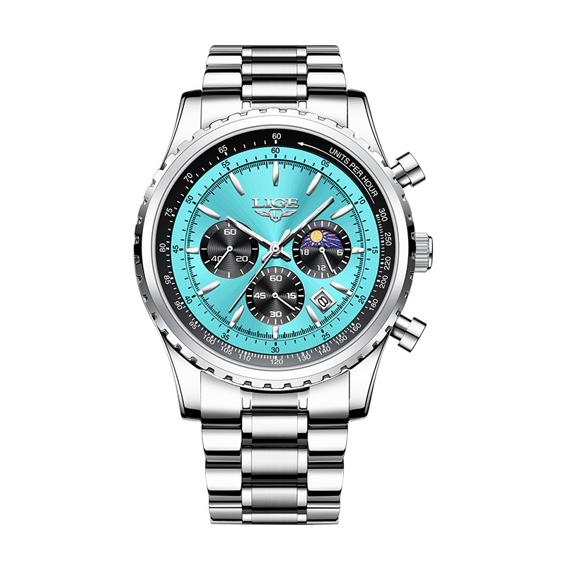 LIGE new men's quartz watch fashion multifunctional calendar three-pin moon waterproof luminous steel band men's watch is suitable for leisure sports business wear.