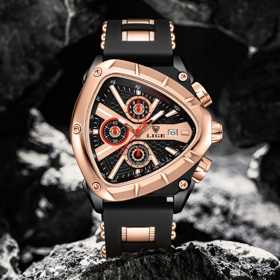 LIGE new men's quartz watch fashion polygon waterproof luminous calendar multifunctional silicone belt men's watch suitable for leisure sports business wear.