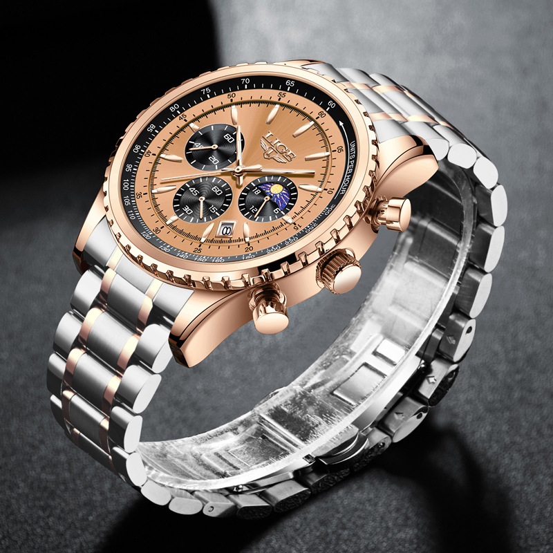 LIGE new men's quartz watch fashion multifunctional calendar three-pin moon waterproof luminous steel band men's watch is suitable for leisure sports business wear.