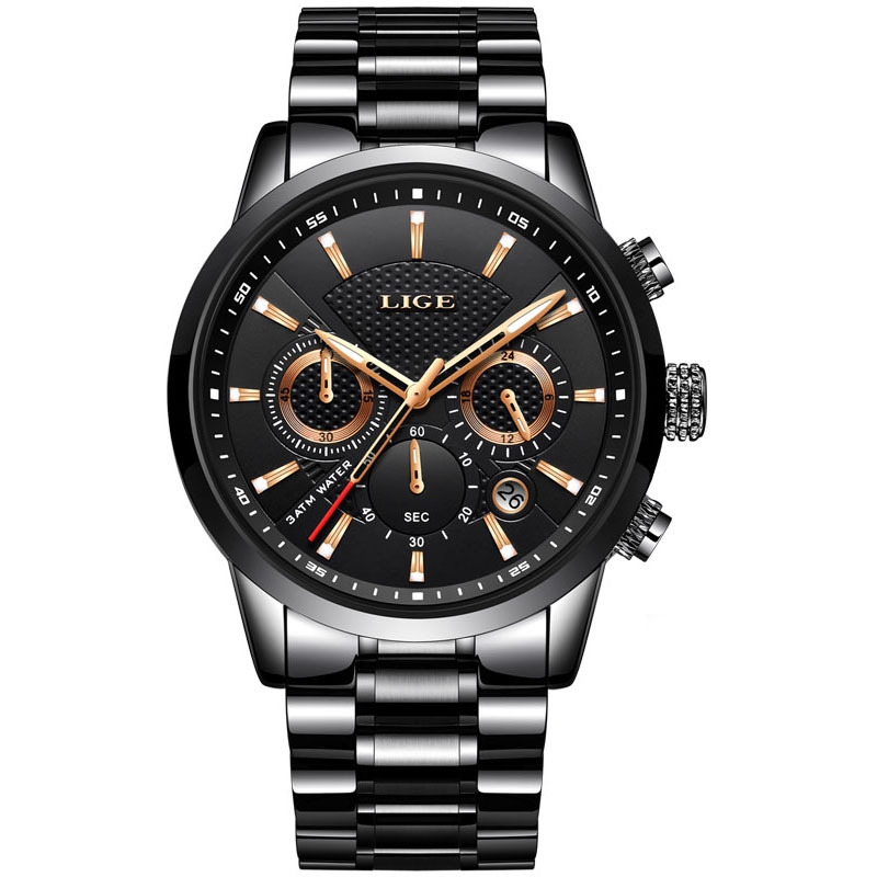 LIGE new men's quartz watch fashion waterproof steel belt multifunctional waterproof luminous men's watch is suitable for leisure sports business wear.