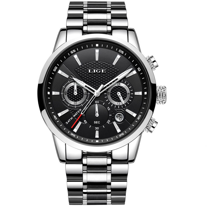 LIGE new men's quartz watch fashion waterproof steel belt multifunctional waterproof luminous men's watch is suitable for leisure sports business wear.