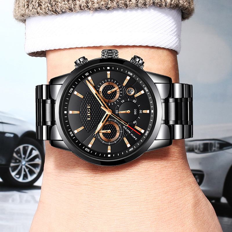 LIGE new men's quartz watch fashion waterproof steel belt multifunctional waterproof luminous men's watch is suitable for leisure sports business wear.