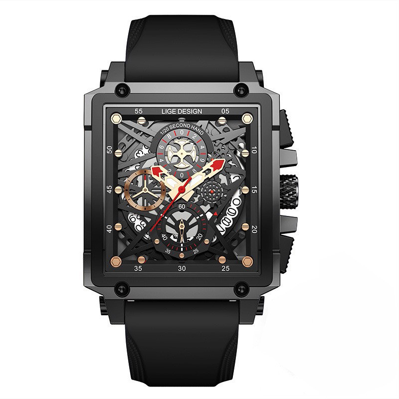 LIGE new men's quartz watch fashion square multifunctional calendar timing small pin waterproof silicone belt men's watches suitable for leisure sports business wear.