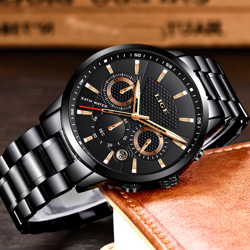 LIGE new men's quartz watch fashion waterproof steel belt multifunctional waterproof luminous men's watch is suitable for leisure sports business wear.