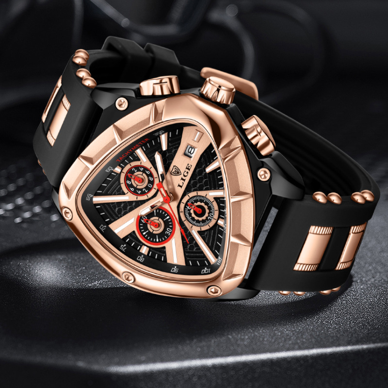 LIGE new men's quartz watch fashion polygon waterproof luminous calendar multifunctional silicone belt men's watch suitable for leisure sports business wear.
