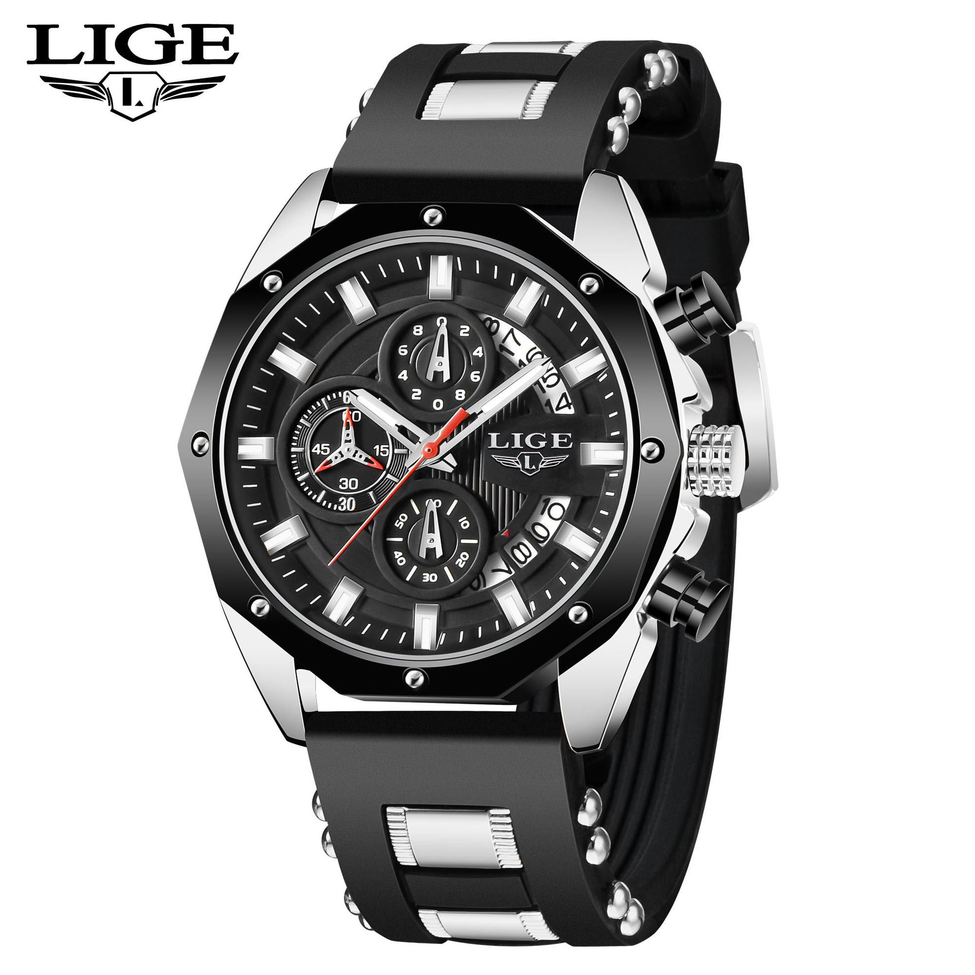 LIGE new men's quartz watch fashion multifunctional calendar waterproof luminous three-pin silicone belt men's watch suitable for leisure sports business wear.