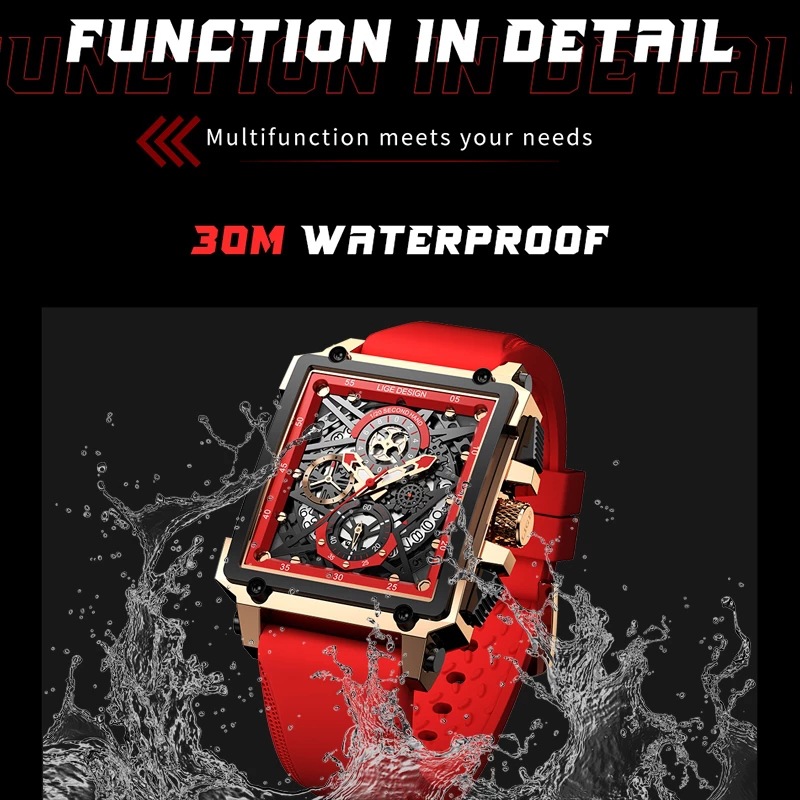 LIGE new men's quartz watch fashion square multifunctional calendar timing small pin waterproof silicone belt men's watches suitable for leisure sports business wear.