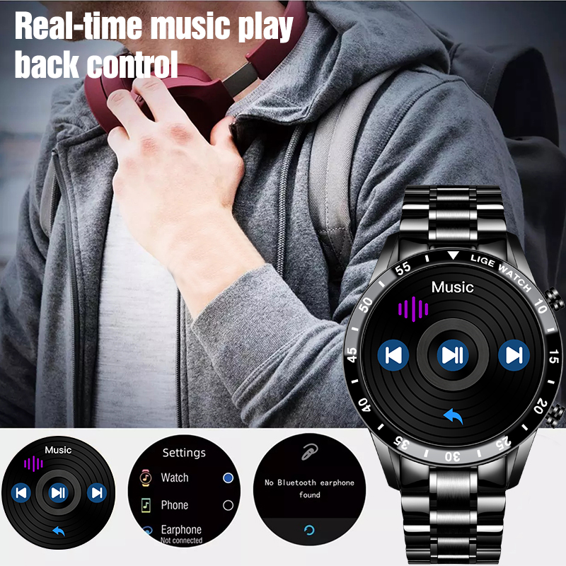 LIGE new men's smart watch multifunctional Bluetooth step-by-step blood pressure heart rate detection waterproof watch men's watch is suitable for leisure sports business wear.
