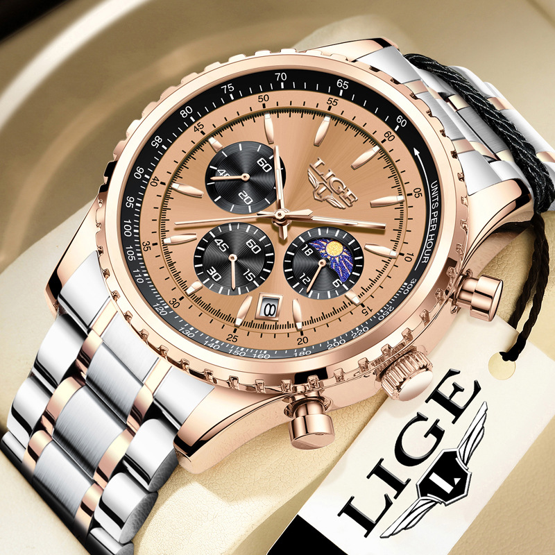 LIGE new men's quartz watch fashion multifunctional calendar three-pin moon waterproof luminous steel band men's watch is suitable for leisure sports business wear.