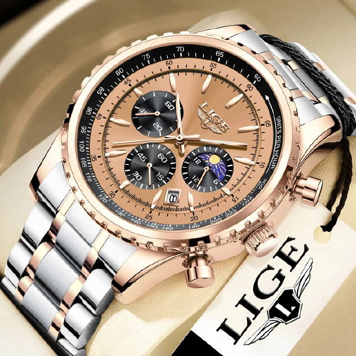 LIGE new men's quartz watch fashion multifunctional calendar three-pin moon waterproof luminous steel band men's watch is suitable for leisure sports business wear.