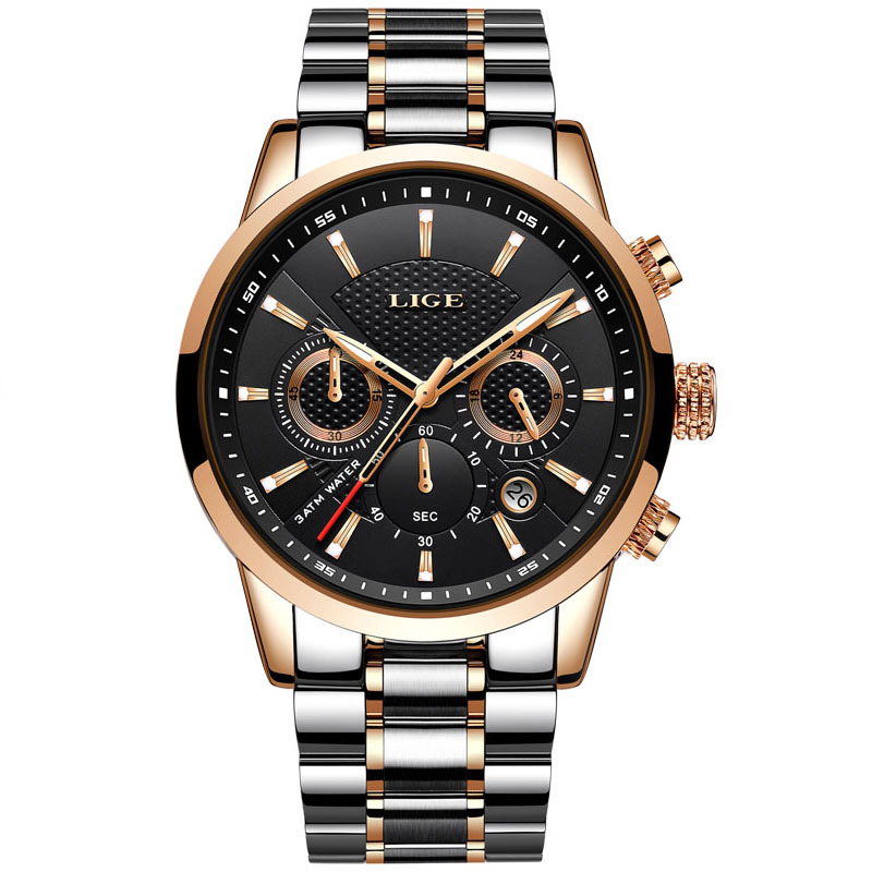 LIGE new men's quartz watch fashion waterproof steel belt multifunctional waterproof luminous men's watch is suitable for leisure sports business wear.