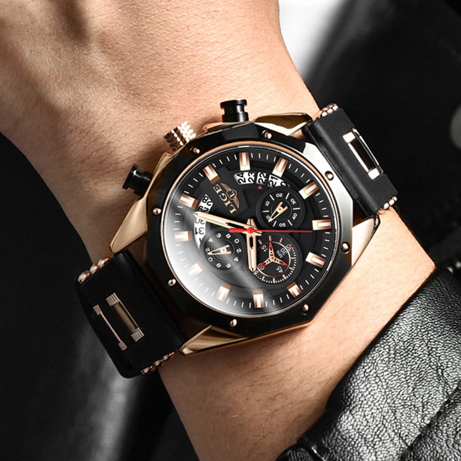 LIGE new men's quartz watch fashion multifunctional calendar waterproof luminous three-pin silicone belt men's watch suitable for leisure sports business wear.