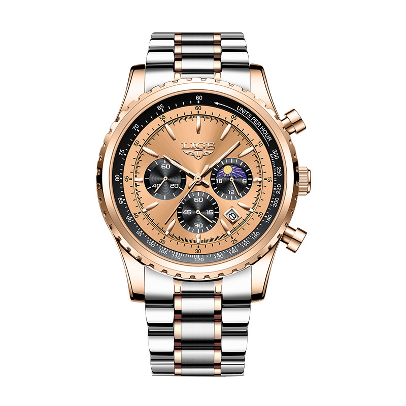 LIGE new men's quartz watch fashion multifunctional calendar three-pin moon waterproof luminous steel band men's watch is suitable for leisure sports business wear.