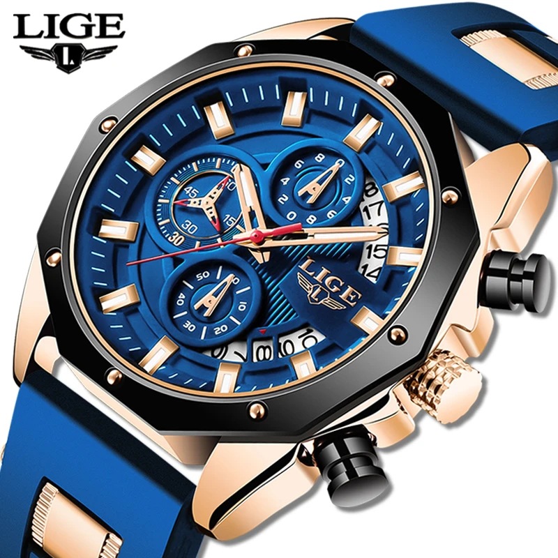 LIGE new men's quartz watch fashion multifunctional calendar waterproof luminous three-pin silicone belt men's watch suitable for leisure sports business wear.