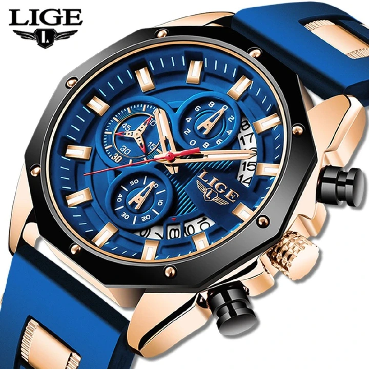 LIGE new men's quartz watch fashion multifunctional calendar waterproof luminous three-pin silicone belt men's watch suitable for leisure sports business wear.