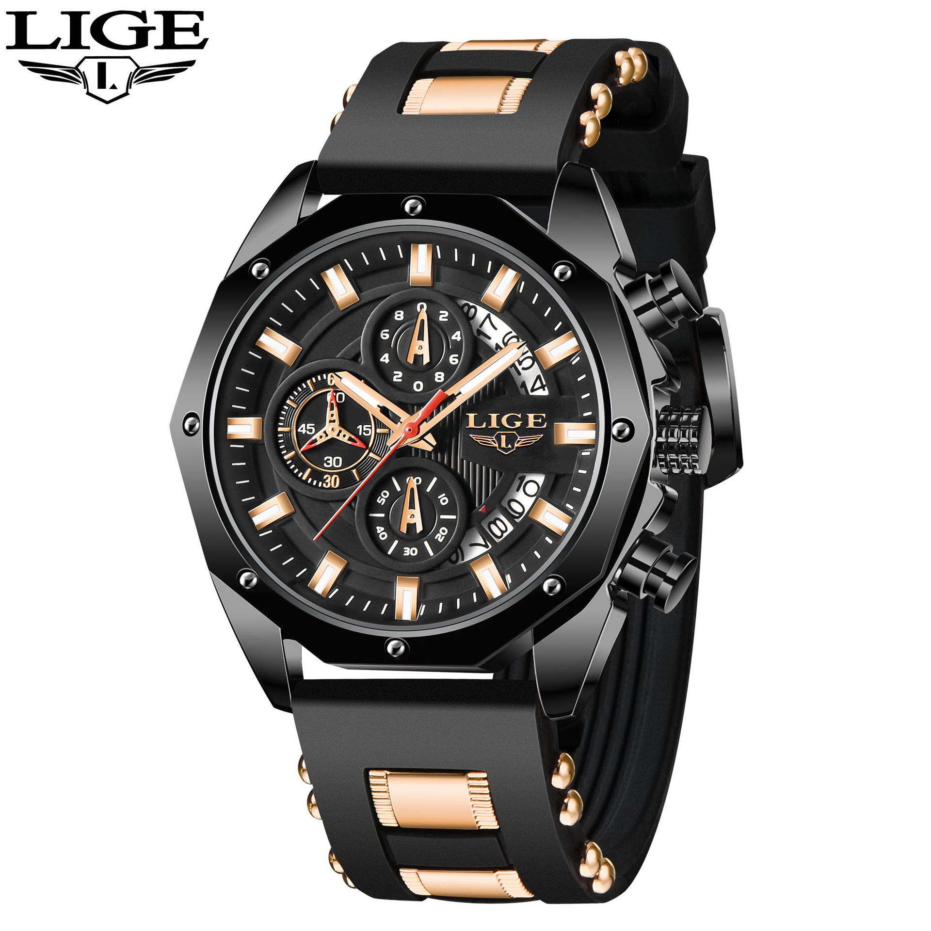 LIGE new men's quartz watch fashion multifunctional calendar waterproof luminous three-pin silicone belt men's watch suitable for leisure sports business wear.