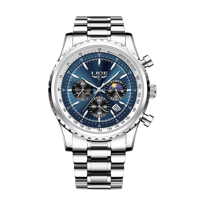 LIGE new men's quartz watch fashion multifunctional calendar three-pin moon waterproof luminous steel band men's watch is suitable for leisure sports business wear.