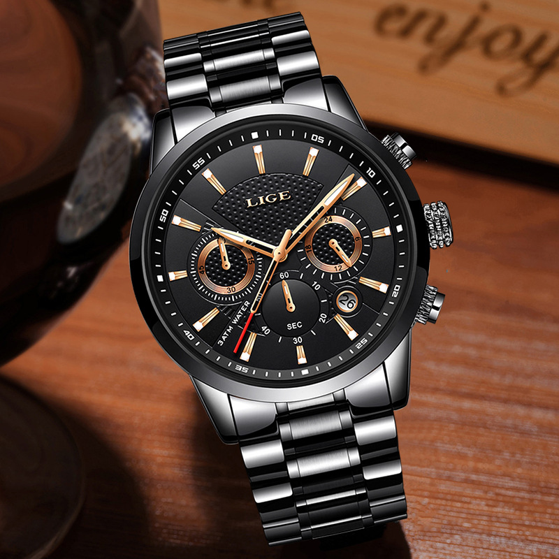 LIGE new men's quartz watch fashion waterproof steel belt multifunctional waterproof luminous men's watch is suitable for leisure sports business wear.
