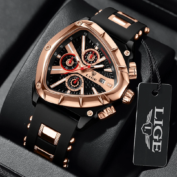 LIGE new men's quartz watch fashion polygon waterproof luminous calendar multifunctional silicone belt men's watch suitable for leisure sports business wear.