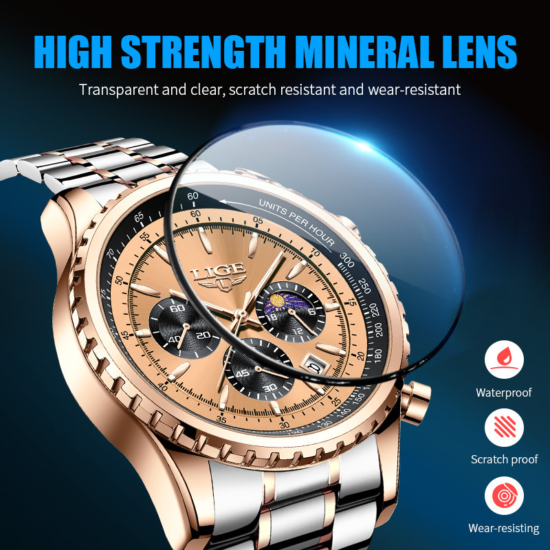 LIGE new men's quartz watch fashion multifunctional calendar three-pin moon waterproof luminous steel band men's watch is suitable for leisure sports business wear.