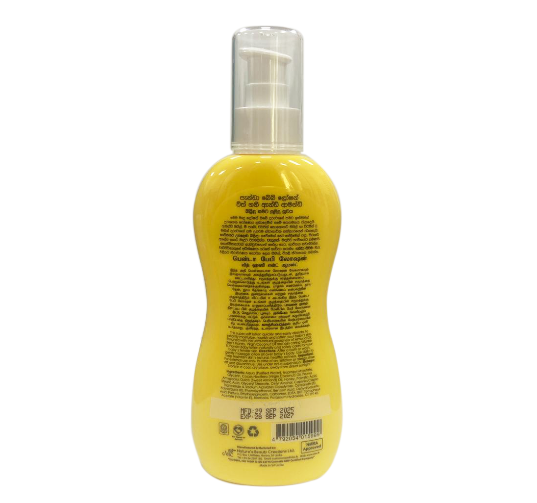Panda Baby Lotion with Honey and Almond- Enriched with the ultra-natural goodness of Almond Oil, Bee’s Honey, Virgin Coconut Oil and skin caring Vitamin E
