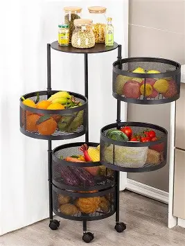 4‑Tier Fruit & Vegetable Rack Multi-Layer Movable Fruit Vegetable Snack Stand Household Shelf Made of high-quality plastic, non-toxic and tasteless. Safe for any fruits, vegetables and food stuff.