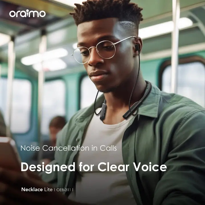 Oraimo Necklace Lite Neckband Wireless Earphone OEB-311 - Black Call Vibration Wireless Headphones IPX4 waterproof and Noise reduction in calls & with dual device connection 30Hr Playtime