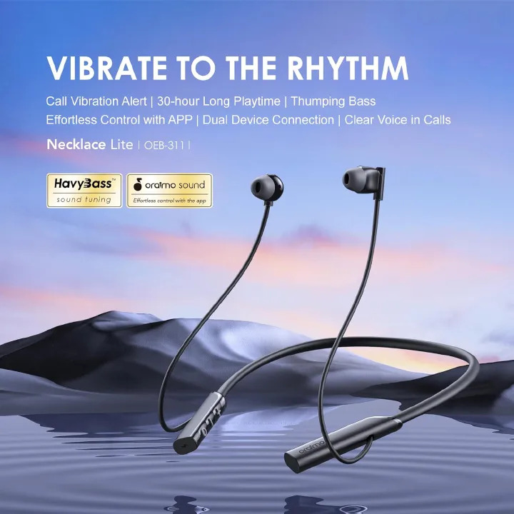 Oraimo Necklace Lite Neckband Wireless Earphone OEB-311 - Black Call Vibration Wireless Headphones IPX4 waterproof and Noise reduction in calls & with dual device connection 30Hr Playtime