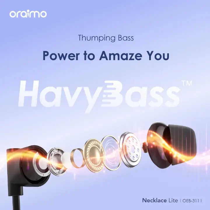 Oraimo Necklace Lite Neckband Wireless Earphone OEB-311 - Black Call Vibration Wireless Headphones IPX4 waterproof and Noise reduction in calls & with dual device connection 30Hr Playtime