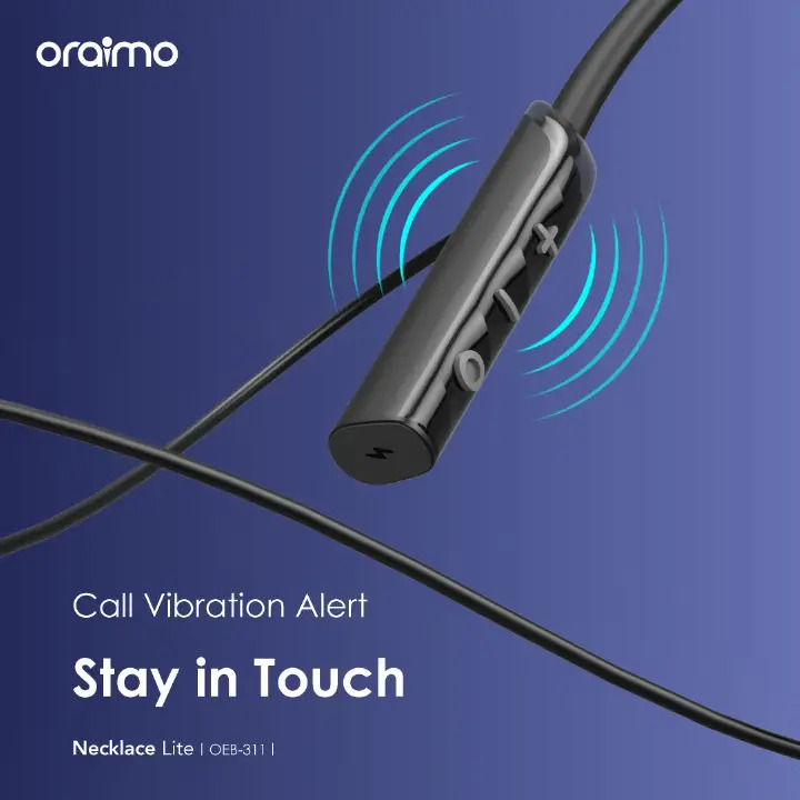 Oraimo Necklace Lite Neckband Wireless Earphone OEB-311 - Black Call Vibration Wireless Headphones IPX4 waterproof and Noise reduction in calls & with dual device connection 30Hr Playtime