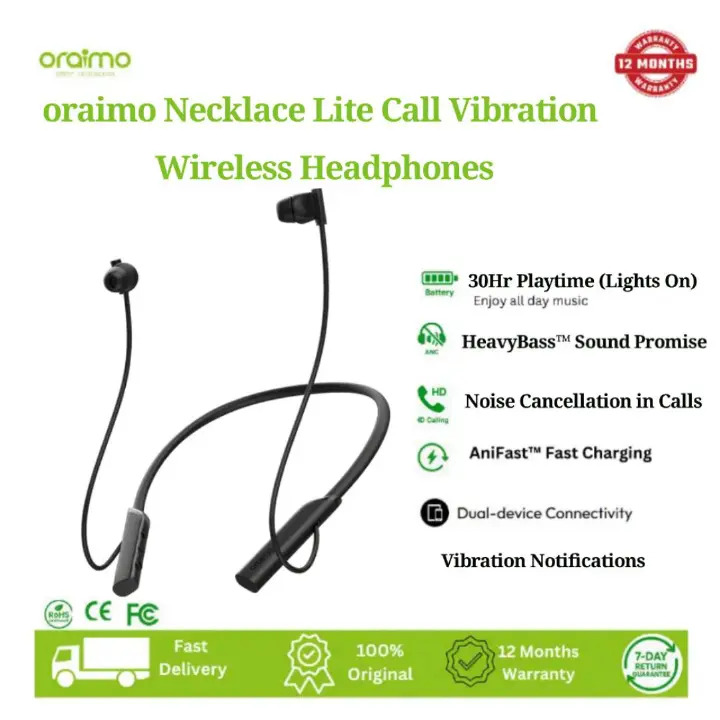 Oraimo Necklace Lite Neckband Wireless Earphone OEB-311 - Black Call Vibration Wireless Headphones IPX4 waterproof and Noise reduction in calls & with dual device connection 30Hr Playtime