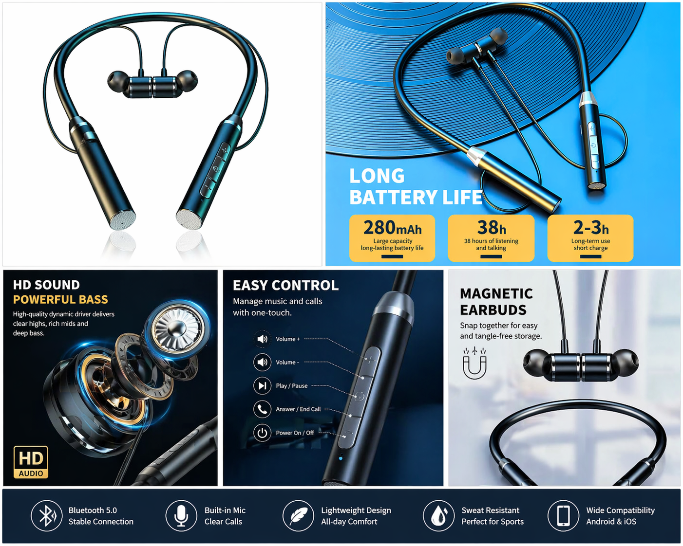 Newly Original JBL Bluetooth Sports Earphones 5.0 Wireless Headphones Wired Magnetic Sports Waterproof Neckband Earphones w/Mic in-Ear, IPX4 Sweatproof Deep Bass Headset for Phone Call Music Sports