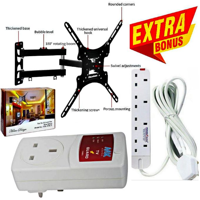 Home Design QUALITY & HEAVY DUTY FULL MOTION 360 DEGREE TV MOUNT - 14 INCH -55 INCH TILT ROTATING WALL MOUNT BRACKET + EXTRA BONUS TV GUARD SURGE POWER PROTECTOR & 4 WAY POWER EXTENSION CABLE SOCKET