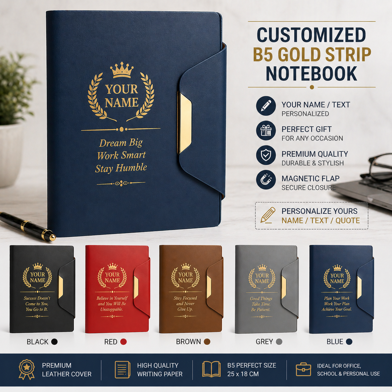 Custom Name B5 Gold Strip Leather Notebook with Magnetic Flap – Personalized Luxury Business Journal Diary Gift (Embossed Text, Multi-Color)