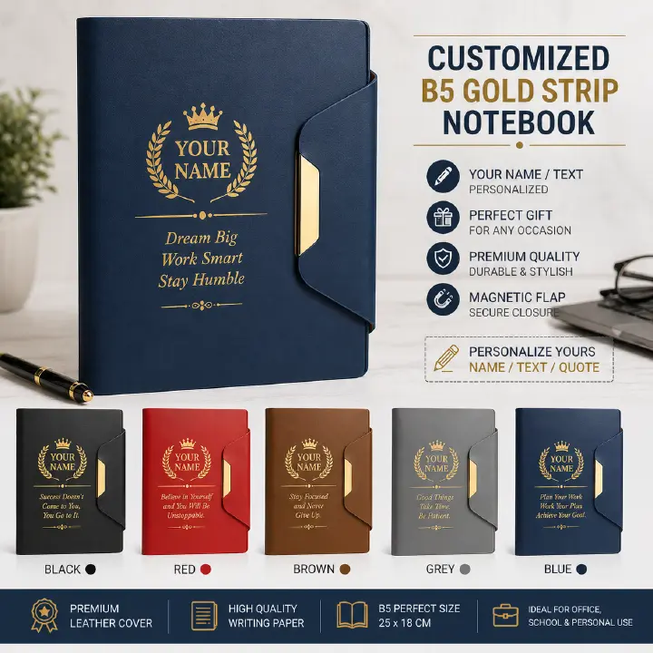 Custom Name B5 Gold Strip Leather Notebook with Magnetic Flap – Personalized Luxury Business Journal Diary Gift (Embossed Text, Multi-Color)