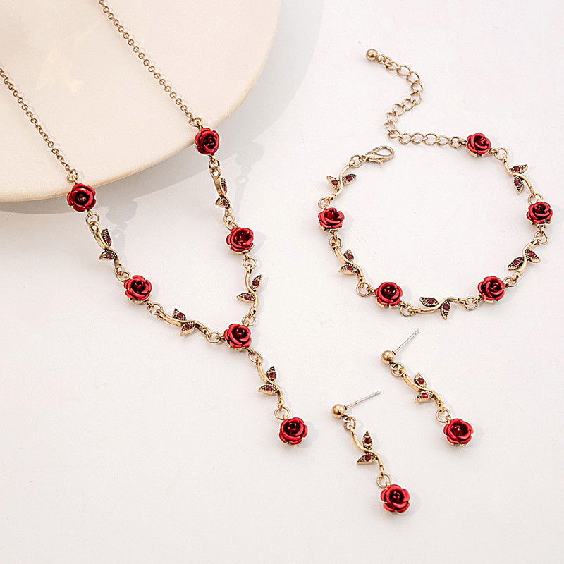 French vintage romantic exquisite and elegant red flower bracelet, necklace and earrings set, women's jewelry accessories